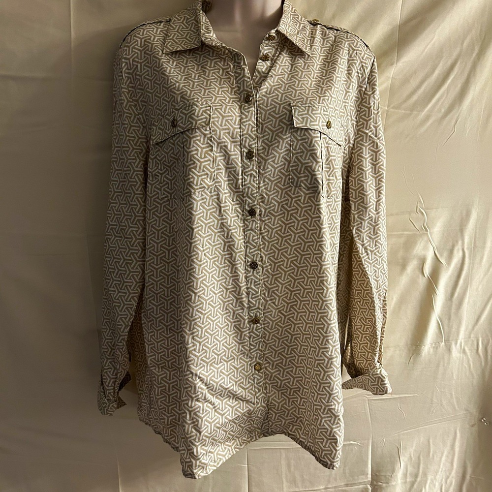New large Jacqueline Smith Beige /White Button-Up Long Sleeve Shirt #1864*8